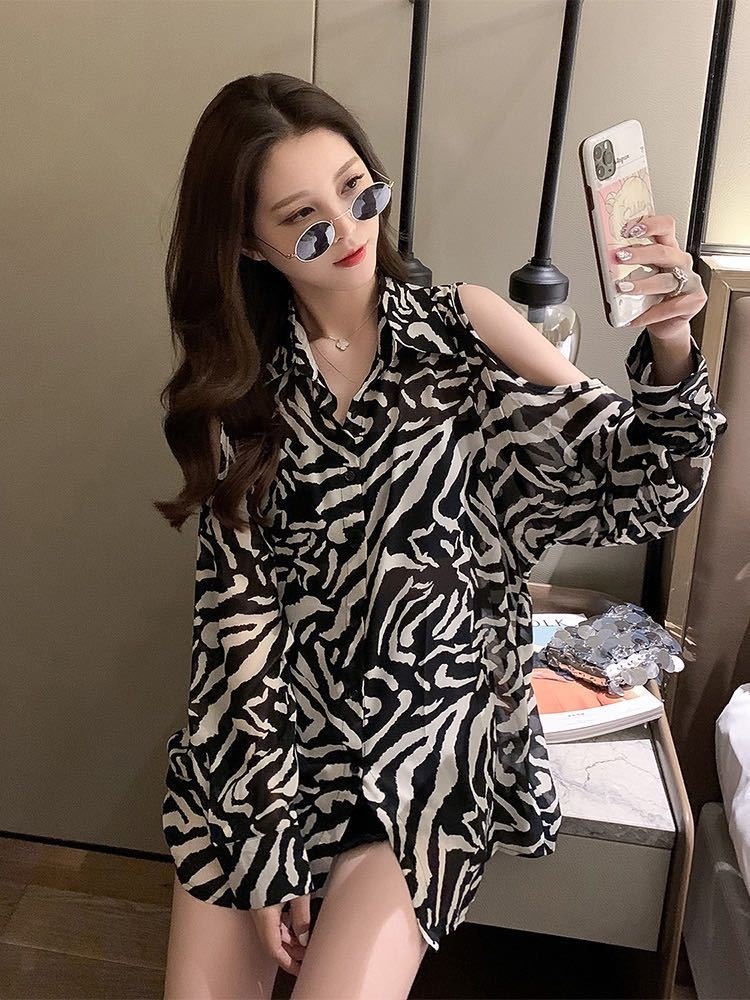 Off-shoulder Printed Long-sleeved Shirt For Women Spring And Autumn Style Temperament Careful Light Mature Style Chiffon Shirt Top