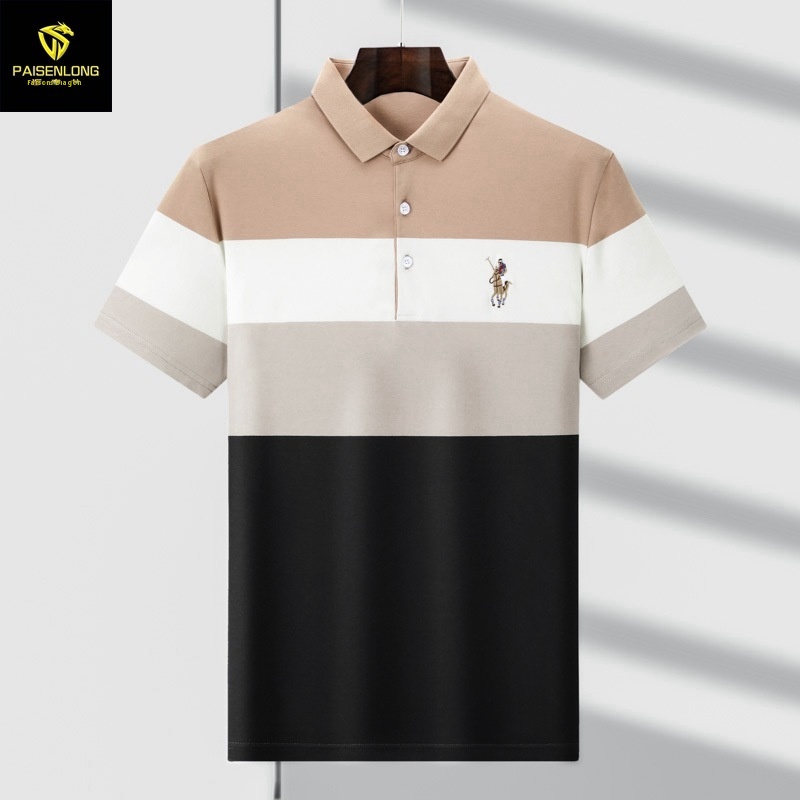 Paisonlong Men's Summer Men's Polo Top Striped Short-sleeved T-shirt Men's Business Casual Lapel T-shirt