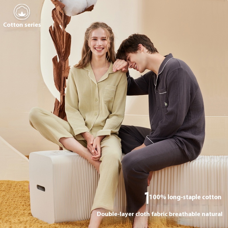 Couple Pajamas Double-layer Yarn Crepe Pure Cotton Pajamas Men's Spring And Autumn Solid Color Couple Home Clothes Suit Can Be Worn Outside