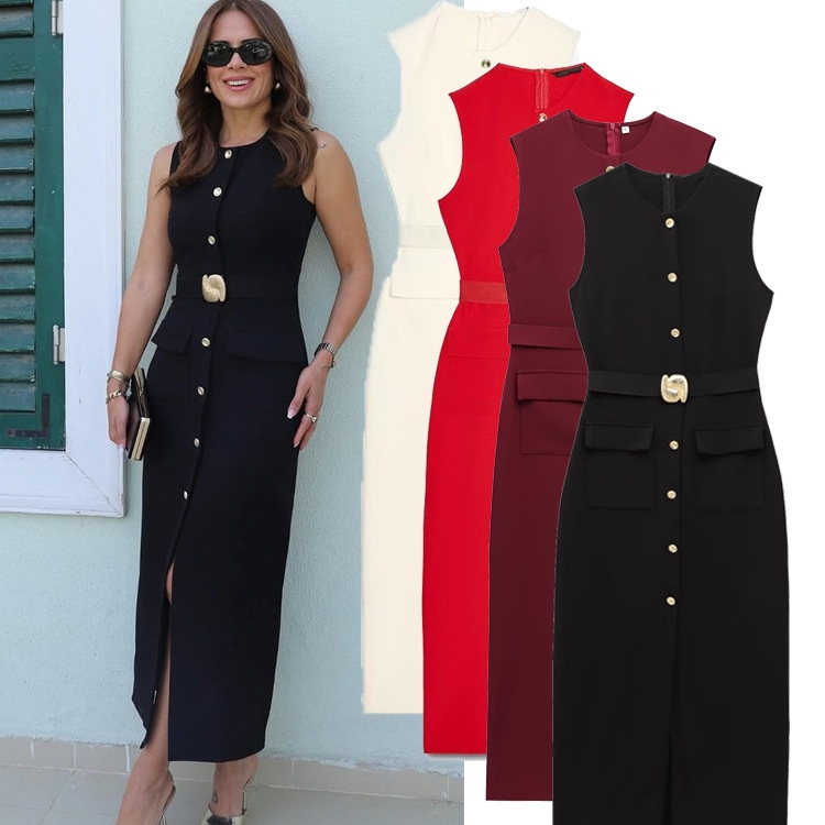 Women's American Round Neck Spring European And American Style Sexy Sleeveless Midi Dress With Belt