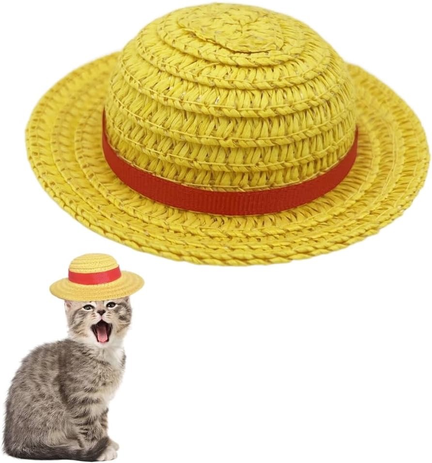 Yellow Straw Hat With Red Ribbon Luffy Straw Hat Pet Straw Hat Kitten Wearing Luffy's Little Yellow Hat