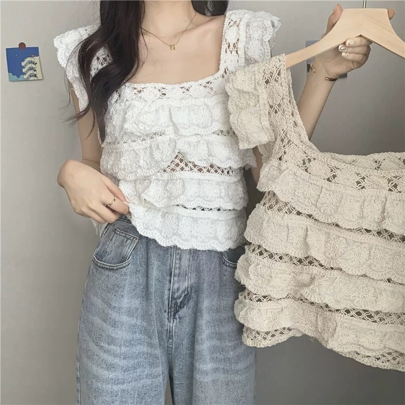 French Clavicle Square Collar Lace Hollow Blouse Female Summer Korean Version Sweet Slimming Scheming Top