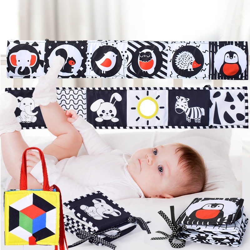 Black And White Double-sided Funhouse Mirror Baby Crib Cloth Book Baby Three-dimensional Cloth Book Tear-resistant Chewable Early Childhood Education Toy