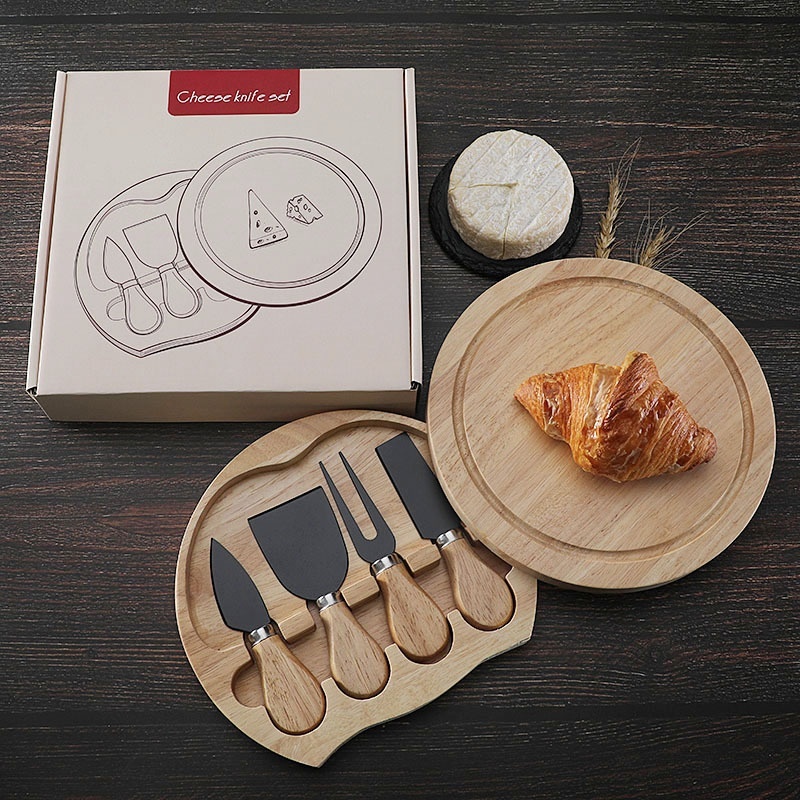 Round Rubber Wooden Box 4-piece Cheese Knife Shovel Stainless Steel Cheese Tool Tableware Cheese Knife Suit Gift Box