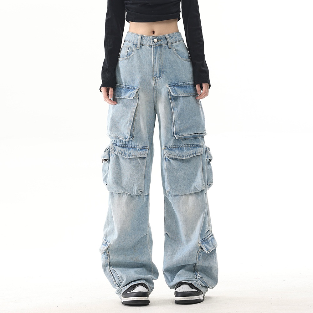 Vibey Washed Denim Multi-pocket Overalls For Men And Women,High Street Design,Niche Loose Wide-leg Straight Trousers