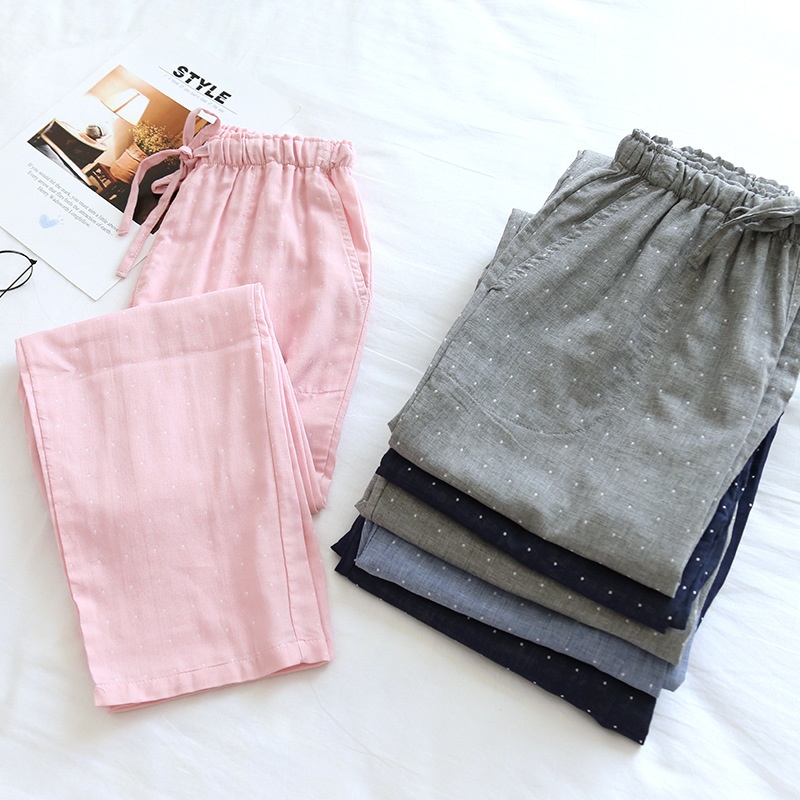 Couple Pajamas Cotton Double Gauze Men And Women Home Pants Large Size Middle-aged Youth Trousers Simple Soft Spring And Summer Style