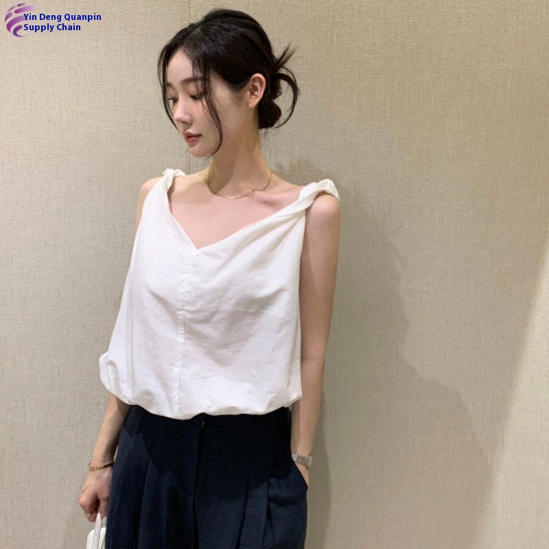 Simple V-neck Suspender Top With Twisted Knot Vest