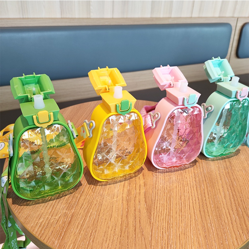 Creative Cute High-value Pineapple Straw Plastic Water Cup Portable Strap Children's Outdoor Sports Water Bottle