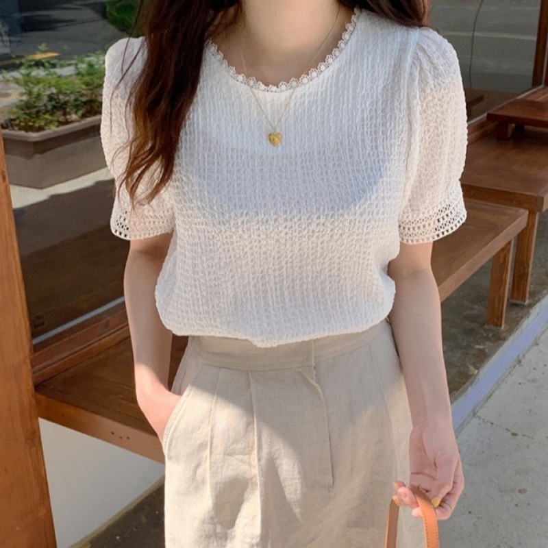 Korean Puff Sleeve Tops For Women Spring And Summer Style Lace Hollow Lace Splicing Pleated Shirt