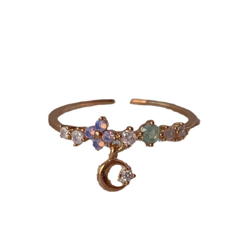 Europe And The United States Wind Color Zircon Multi-element Heart-shaped Bow Flower Ring Index Finger Opening Ring