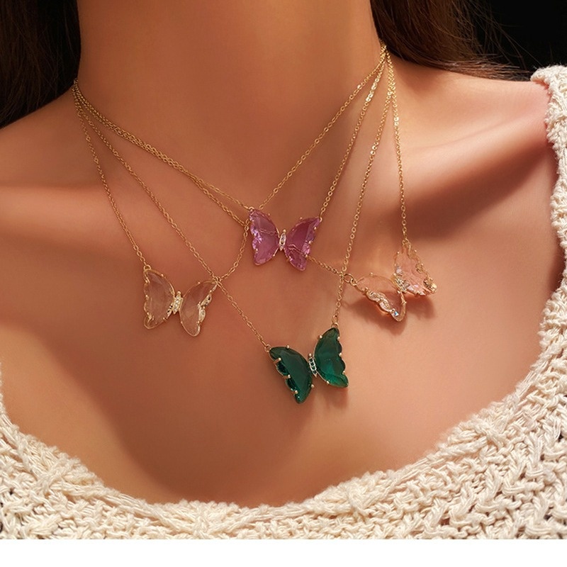 Korean-style Earrings With Multi-color Glass Butterfly Necklace Set