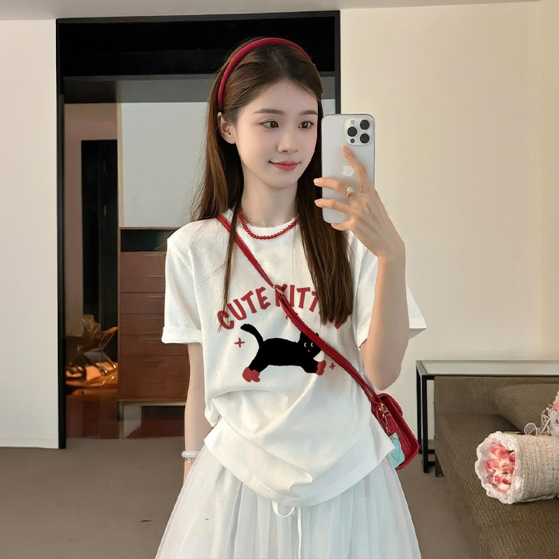Summer Short-sleeved T-shirt Women's Korean-style Printed Loose Student Top Cotton Undershirt Y