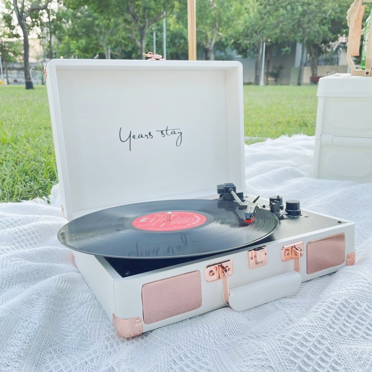 Rose Gold Lychee Pattern Retro Home Phonograph Portable Classical Bluetooth Speaker Suitcase Type Vinyl Record Player