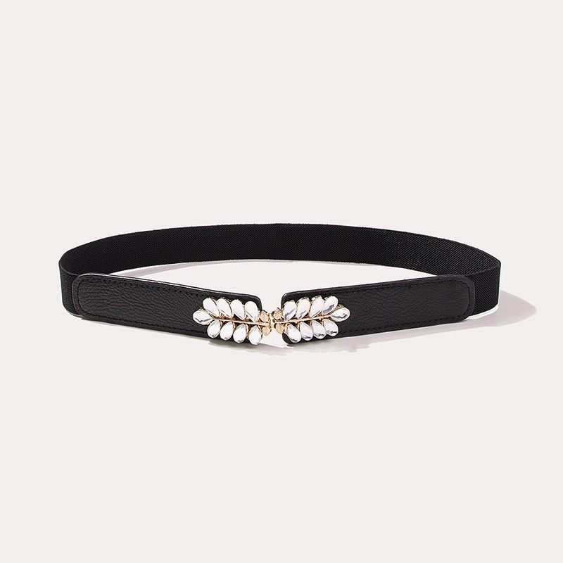 []Leaf Elastic Waist Belt For Women With Fine Leaf Glass Diamond Adjustment Belt