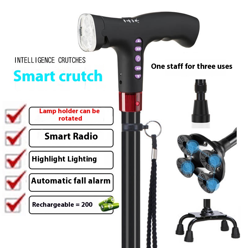 Elderly Crutches Non-slip Elderly Crutches With Lights Multifunctional Intelligent Automatic Alarm Crutches Four-legged Telescopic Stick