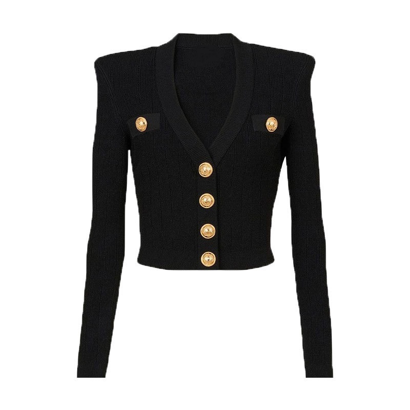 Deep V-Neck Long Sleeve Heavy Industry Metal Button Hollow Slim Fit Short Knitted Cardigan
