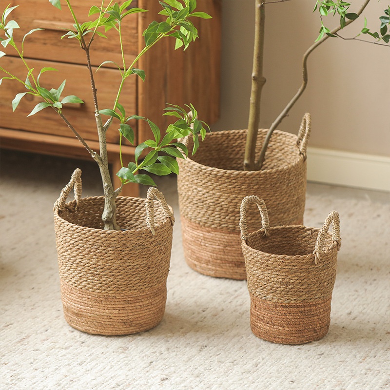 Handmade Color Matching Cattail Woven Flower Basket Basket Storage Straw Woven Basket Double Ear Floor Flower Pot Set Decorative Vase