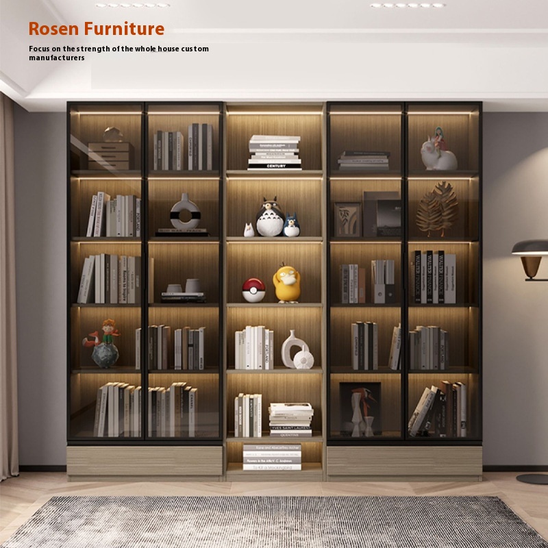 Light Luxury Bookcase With Glass Door Bookshelf Floor-standing Simple Modern Living Room Bookcase Solid Wood Study Living Room Display Cabinet