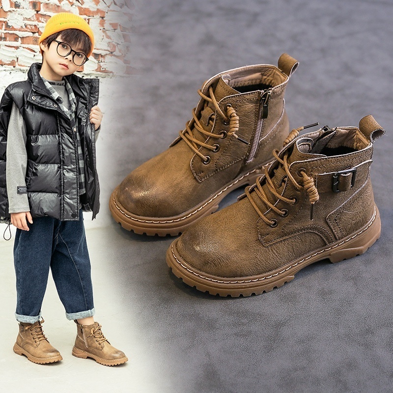 Children's Martin Boots Autumn And Winter Style Internet Celebrity Plus Velvet Boy's Small Yellow Boots British Style Elementary School Students Children's Single Boots