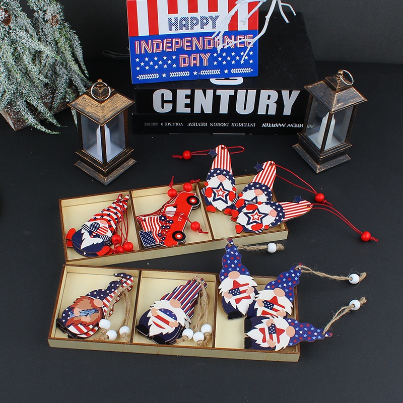 Independence Day Hanging Decoration3 Grid Old Man Wooden Box Festival Single-sided Card Pendant