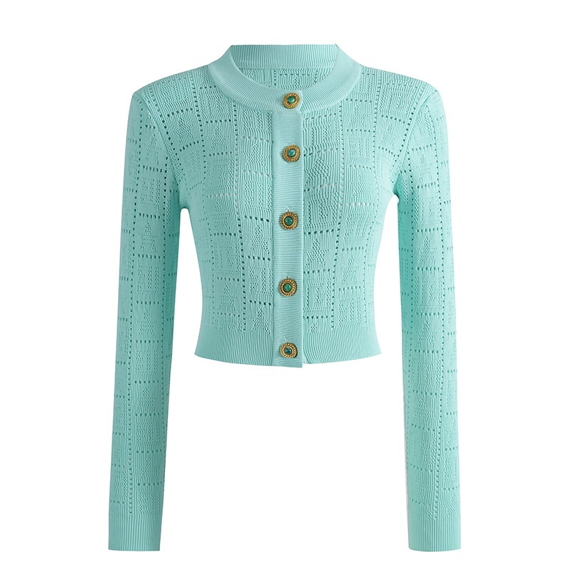 Chanel-style Openwork Knit Cardigan With Jade Buttons And Lettering.
