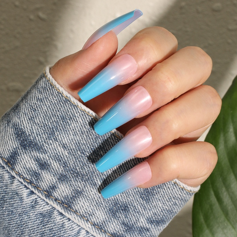 European And American Wearable Nails High-end Hot Girl Gradient Blue Long Ballet False Nails Finished Nail Art Patches