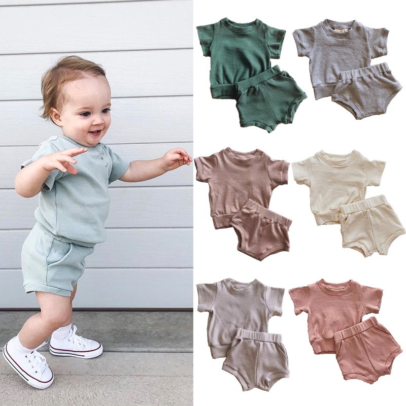 Children's Summer Style Solid Color Ice Silk Striped Cotton Short-sleeved Suit Boys Girls Baby AType Shorts Two-piece Suit