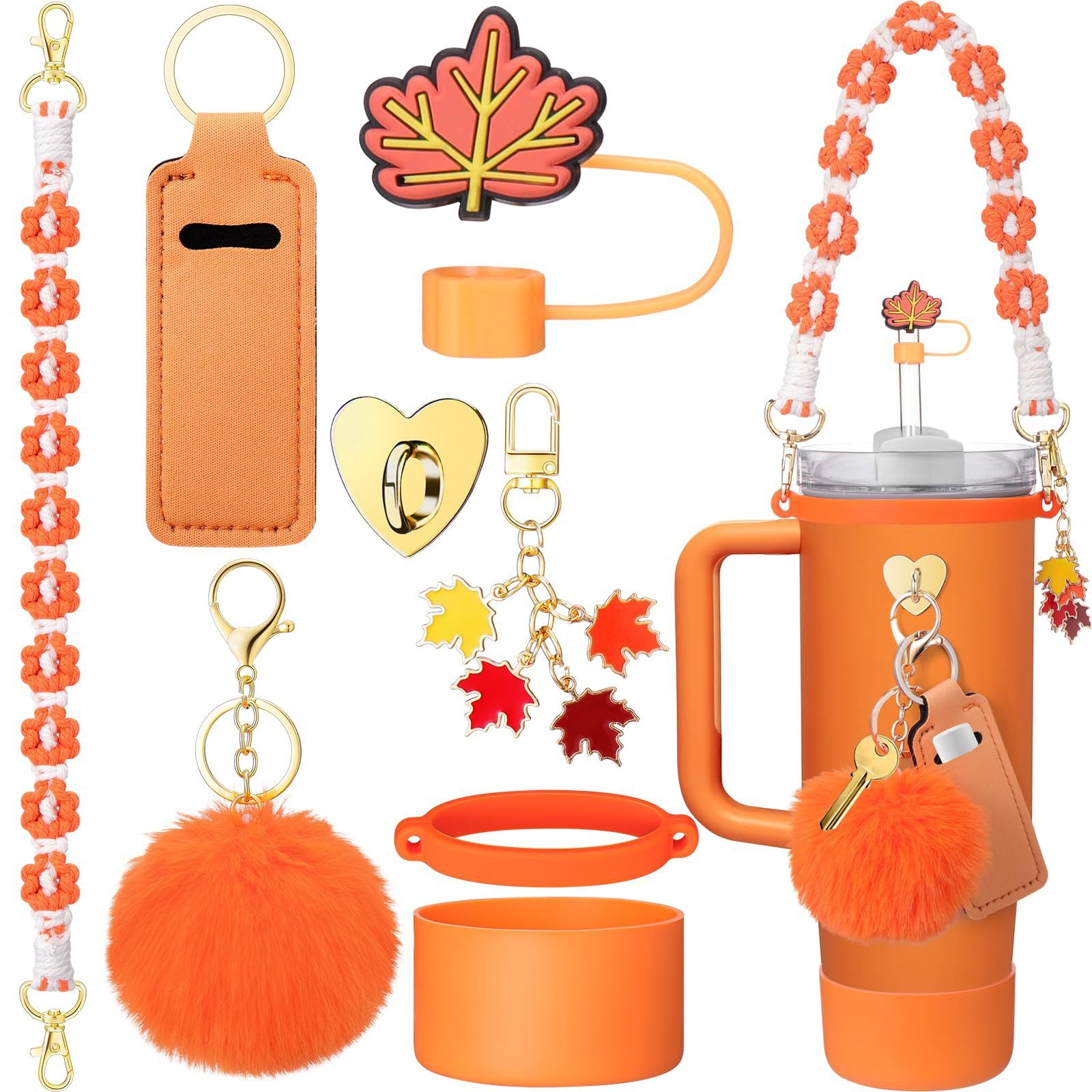 Maple Leaf Straw Cap Stanley Cup Silicone Cup Cover Leaf Key Pendant Plush Ball Cup Chain Pendant