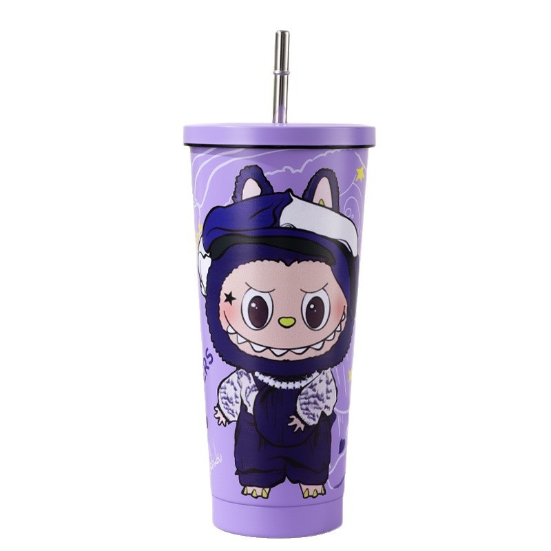 Cute Cartoon Straw Cup Household 304 Stainless Steel Thermos Cup Ready-Made Ice Cup Portable Car Cup