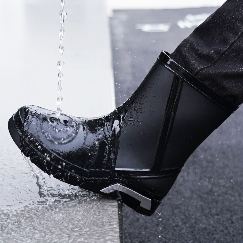 Velvet Black Fashion Water Shoes Men's Waterproof Non-slip Car Wash Fishing Mid-tube PVCRain Boots