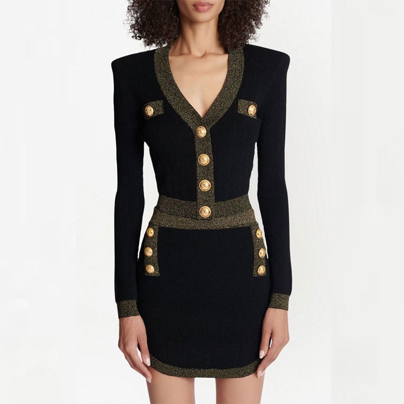 Elegant V Neck Knitted Cardigan For Women Spring & Fall High-Bottom Fashionable Bottoming Shirt Gold Button Lady Style