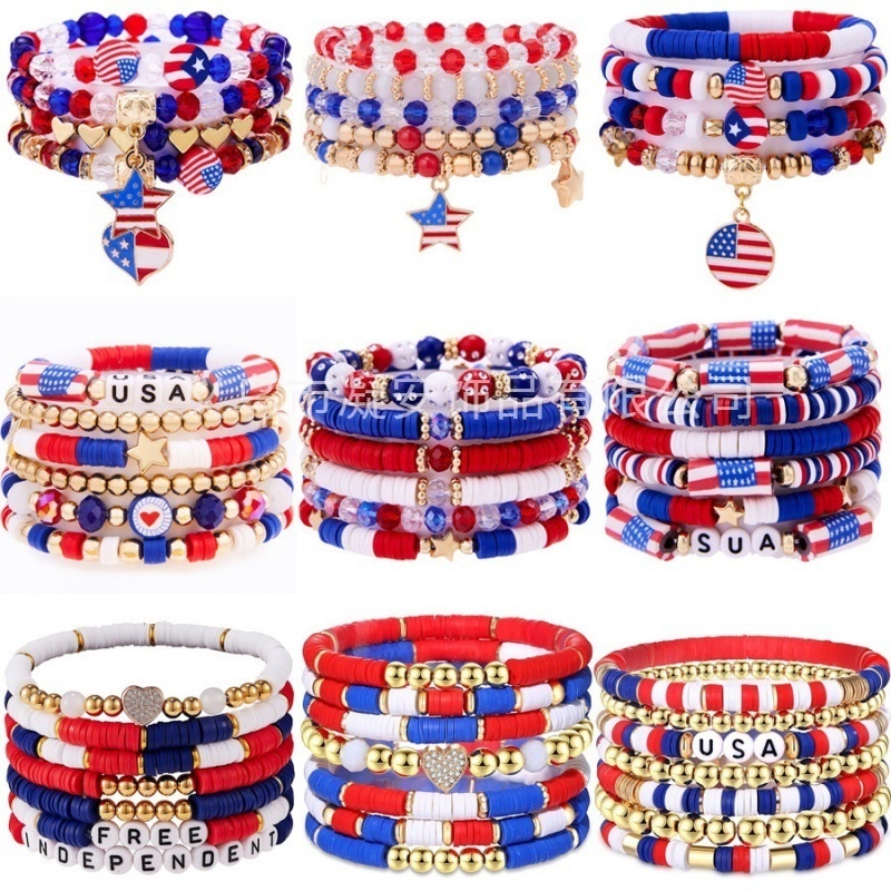 Explosions USA Independence Day Soft Pottery Bracelet Set Personalized Alloy Oil Dropping US Flag Pendant Bracelet
