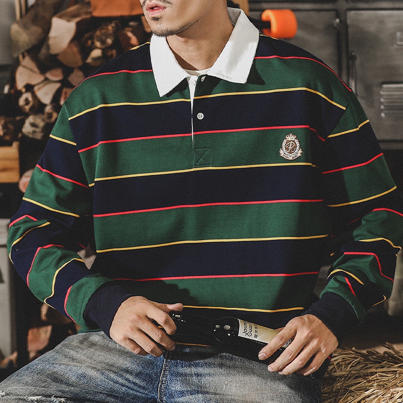 American Style320g Heavyweight T-shirt Men's Long Sleeve Men's Autumn Scottish Striped Ivy POLOShirt Rugby Shirt