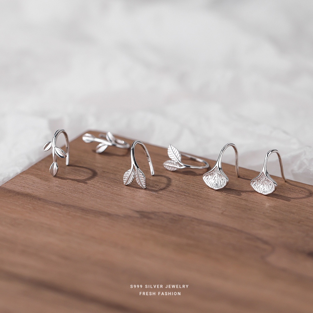S999 Silver Forest Leaf Ear Hooks Sweet Leaves Versatile Niche Design Korean Style Mother's Day Earrings