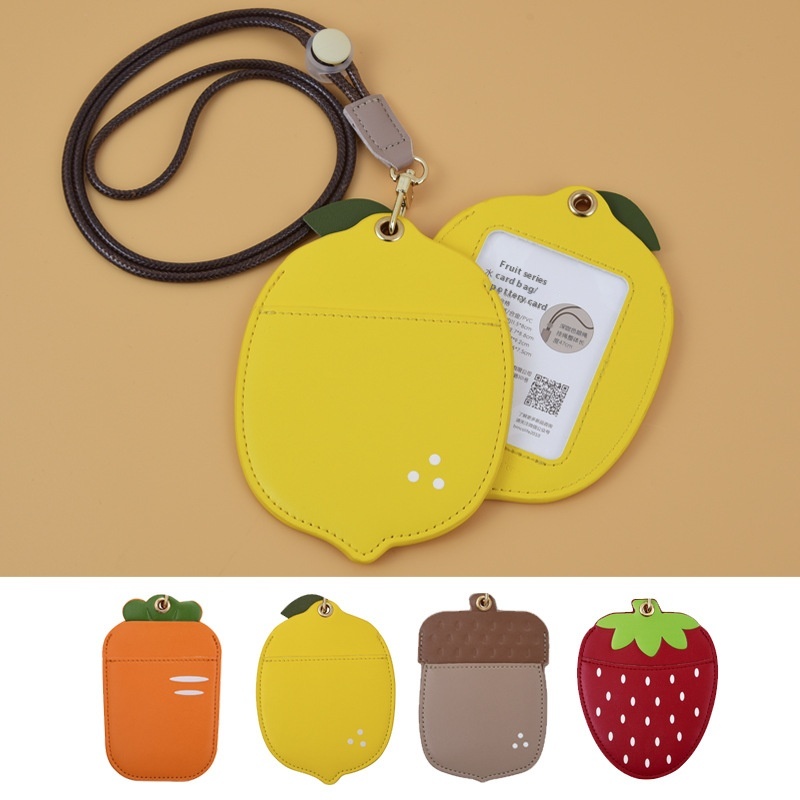 Cartoon Fruit IDCard Holder Creative Personality Pu Leather Work Card Badge Neck Hanging Rope Student IDBus Card Holder