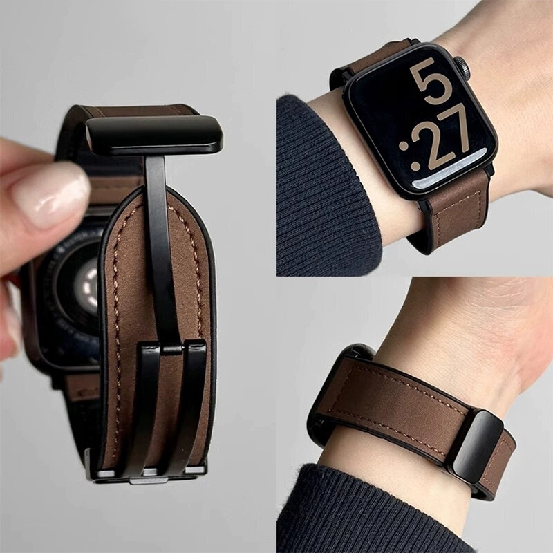 Suitable For Apple S10 Huawei Watch5 Xiaomi Bracelet 9Pro Silicone Sticker Crazy Horse Leather Fit4 Magnetic Buckle 3 Watch Strap