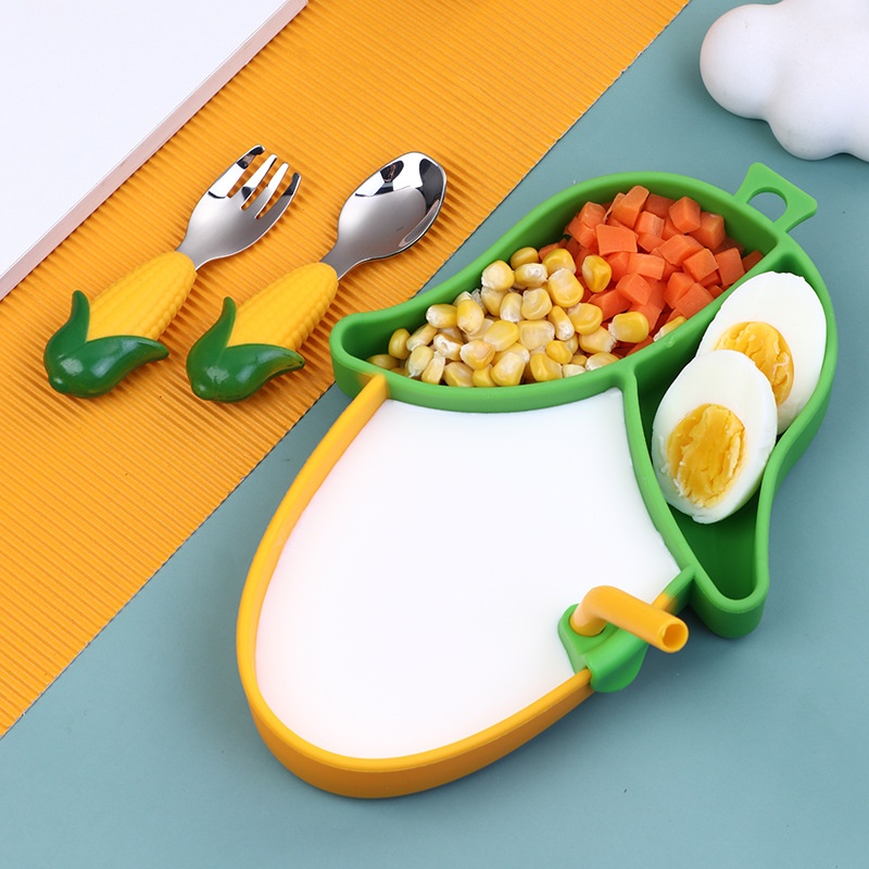 Cartoon Children's Divided Plate Baby Bib Silicone Stainless Steel Spoon Fork Baby Food Feeding Tableware Set