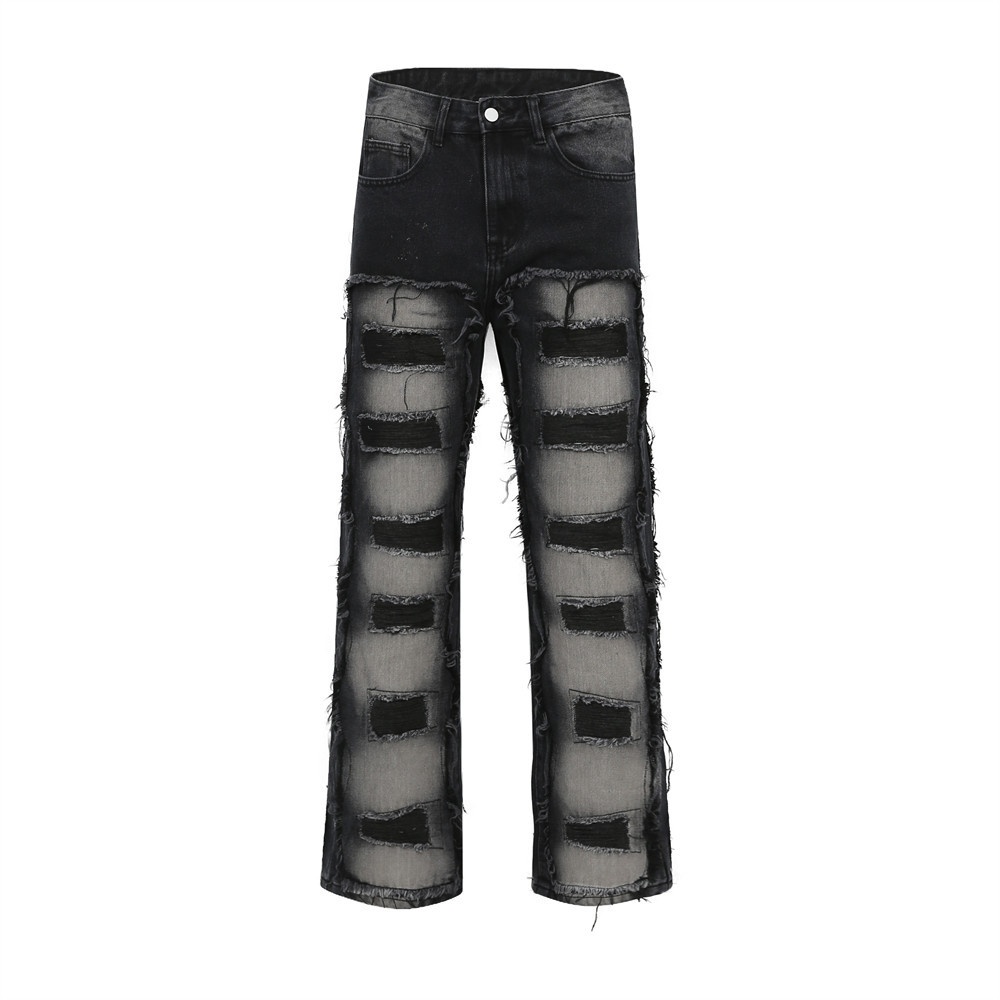 Heavy Stitching Ripped Jeans Men's Fashion Brand Punk Design Personality Cat Whisker Washed Straight Loose Trousers