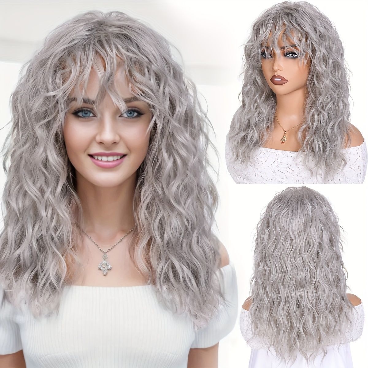 European And American Girls Wool Roll Bangs Long Curly Hair Black Dark Brown Golden Grandma Gray Long Hair Wig Women
