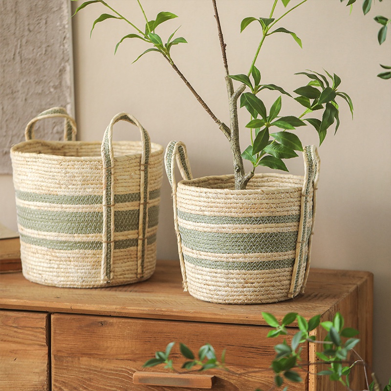 Handmade Color Matching Green Woven Flower Basket Storage Straw Basket Double-ear Floor Flower Pot Home Decoration Vase
