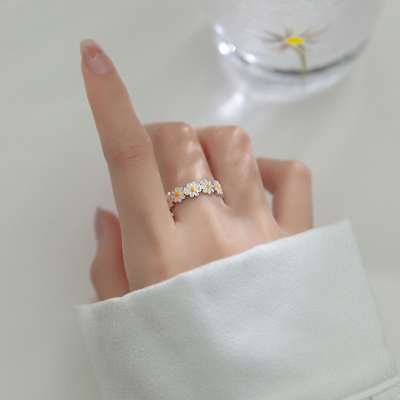 S925 Silver Daisy Ring Mori Style Fresh Summer White Flower Glue Drop Finger Ring Korean Style Women's Elegant Jewelry
