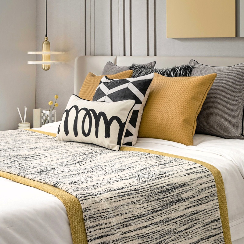 Modern Light Luxury Model Room Bed Flag Pillow Hotel Homestay Soft Furnishings Yellow Black And White Blanket Bed Cushions
