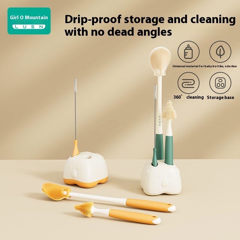 Rushan Silicone Bottle Brush Cleaning Shabu Nipple Three-in-one Brush Suit Baby Bottle Cleaning Brush