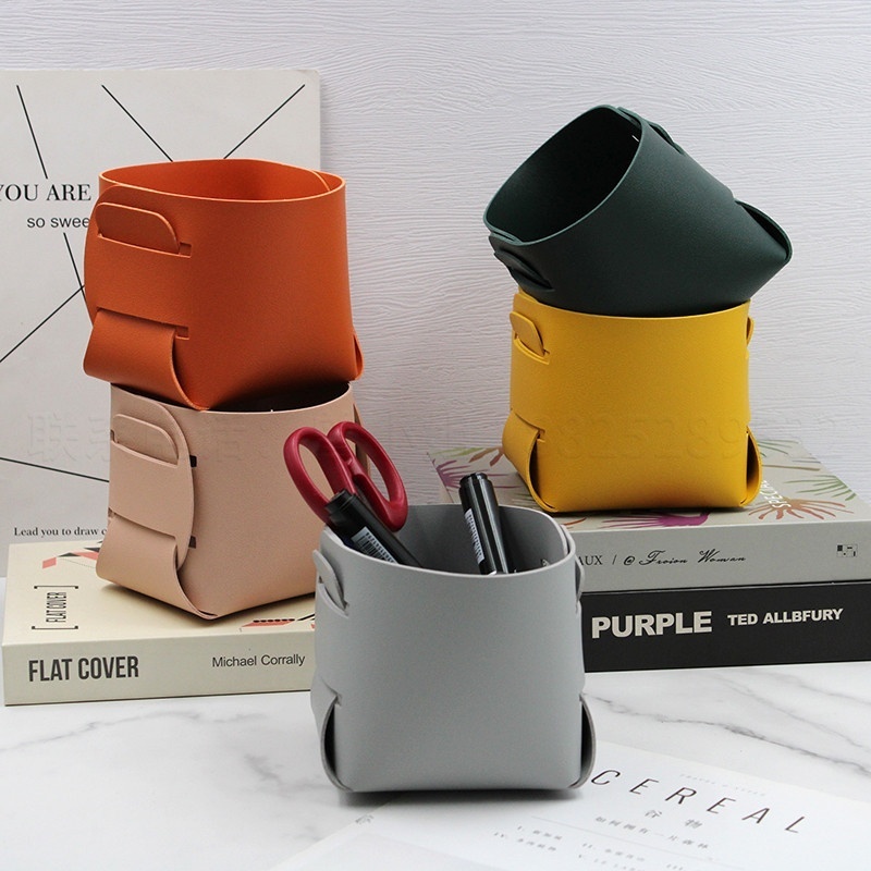 Mini Leather Small Pen Holder Small Leather Folding Storage Tray Makeup Desktop Makeup Brush Storage Box