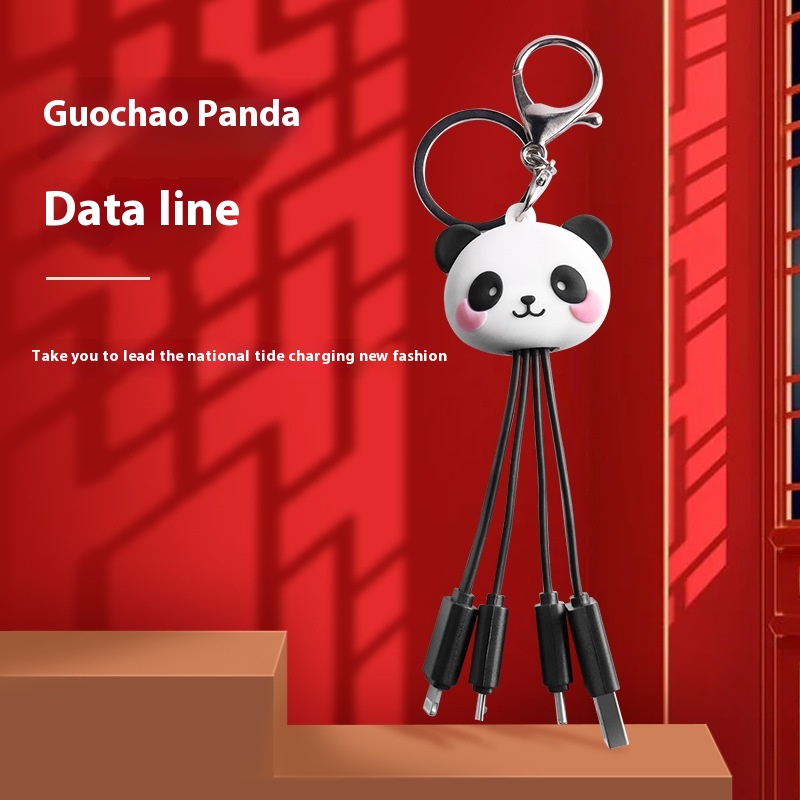 Cartoon Panda One To Three Data Cable Cute Keychain National Panda Three In One Fast Charging Mobile Phone Charging Cable