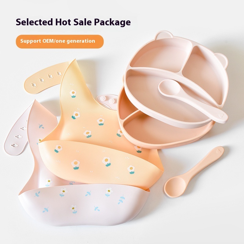 Children's Tableware Set Silicone Bib Divided Plate Anti-fall And Anti-dirty Baby Tableware Complete Set Silicone Fork And Spoon In Stock