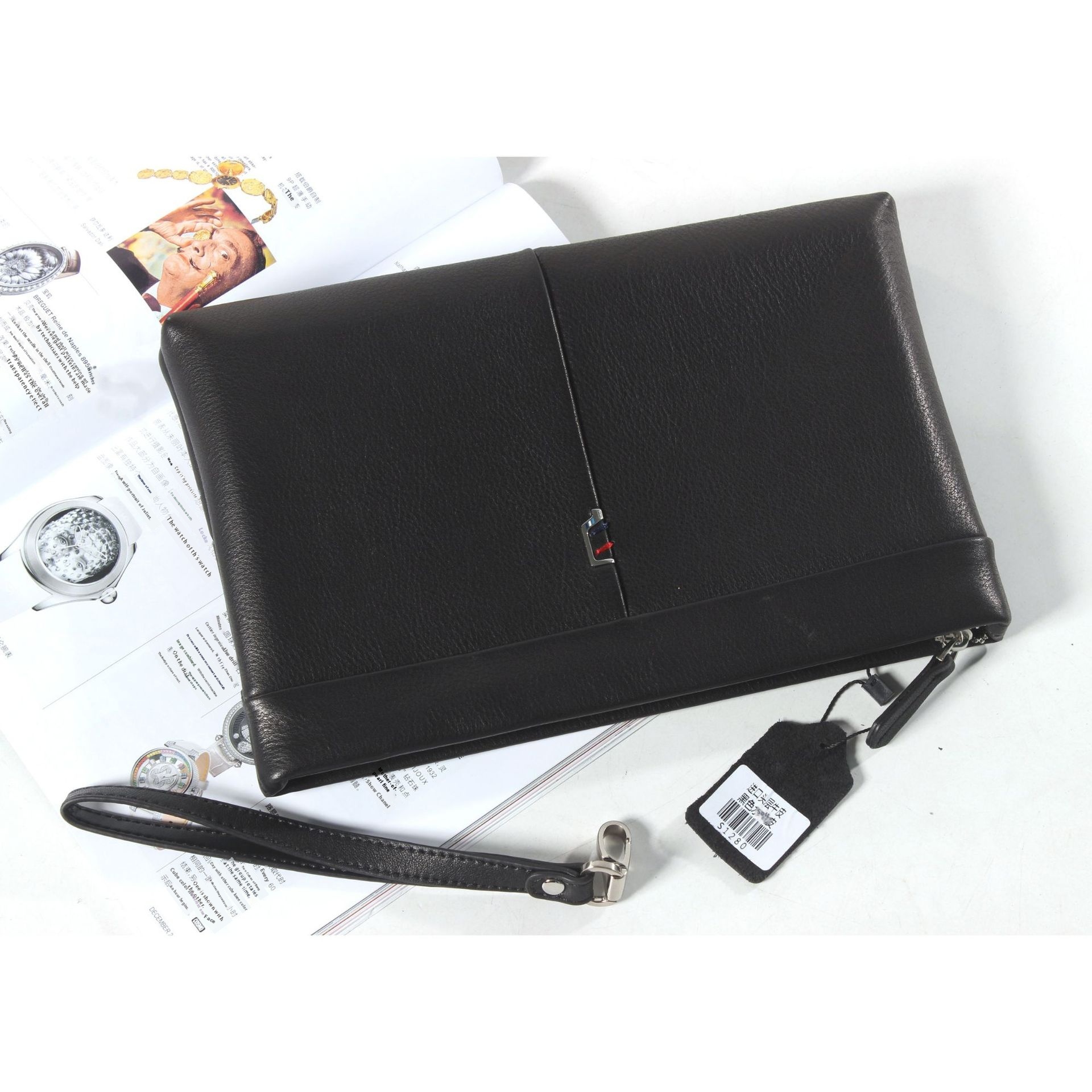 Business Men's Handbag First Layer Cowhide Natural Shattered Large Capacity Envelope Bag Casual Clip Bag Genuine Leather Bag