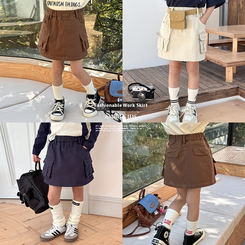 Amo Beibei Children's Skirt Girls'Twill Cotton Half-length Hip Skirt Children's Korean Style Stylish Pocket Workwear Short Skirt