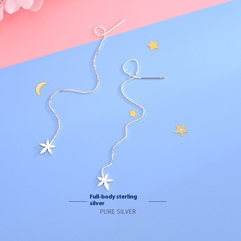 S925 Sterling Silver Korean Style Brushed Maple Leaf Earrings Small Fresh Literary Star Leaf Tassel Earrings Female One Piece