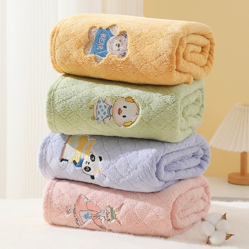Baby Bath Towel Soft Absorbent Coral Fleece Baby Bath Towel Thickened Children's Blanket Cartoon Embroidered Large Towel